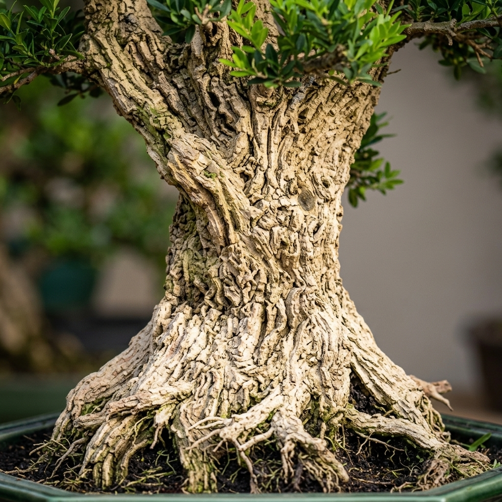 Detalle de la corteza y hojas del Buxus harlandii